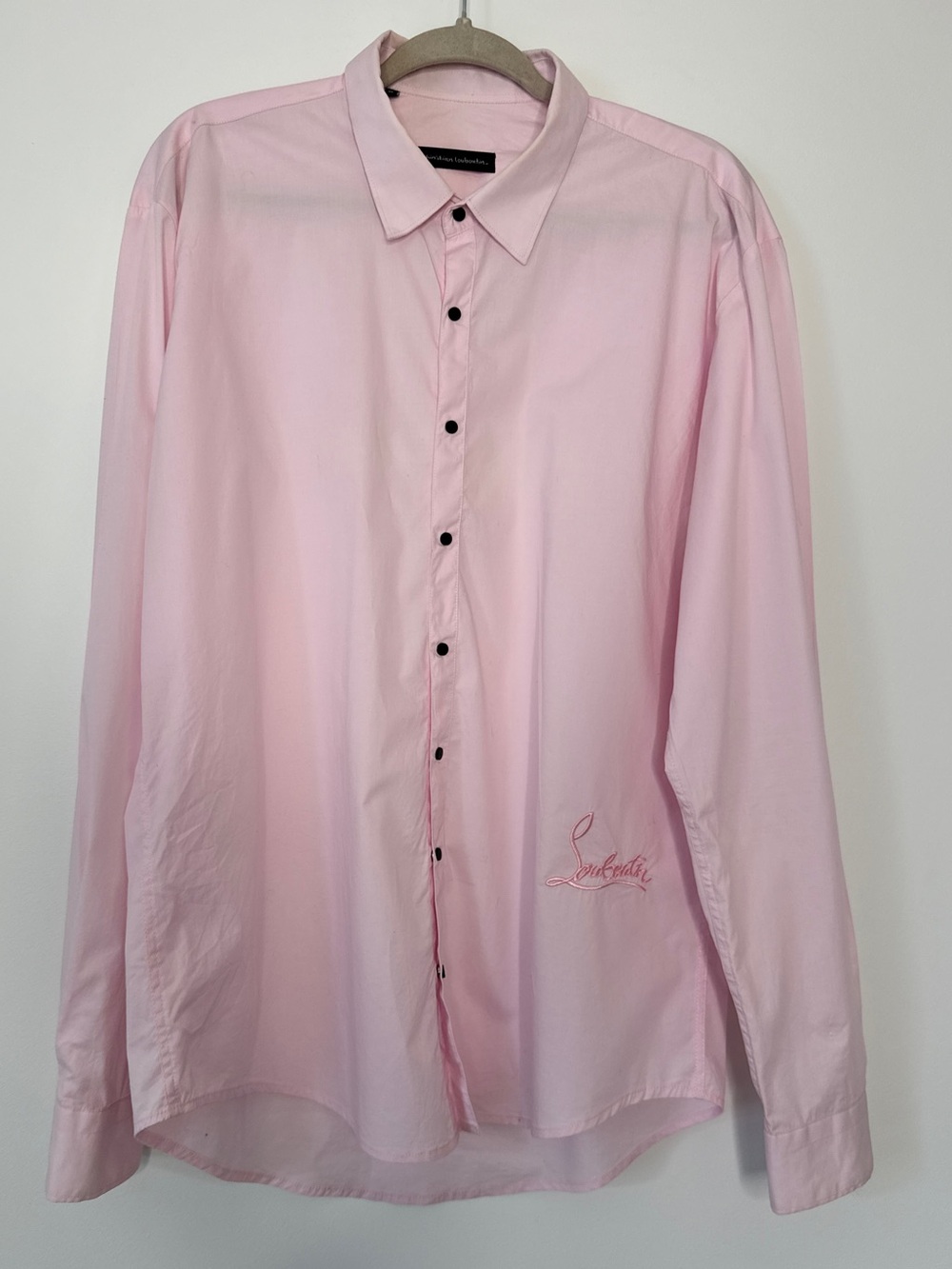 Christian Louboutin Men's Pink Button Down Shirt Logo Brand Embroidered Pink XL